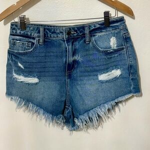 Cello Ripped High-Low Frayed Denim Shorts - Blue